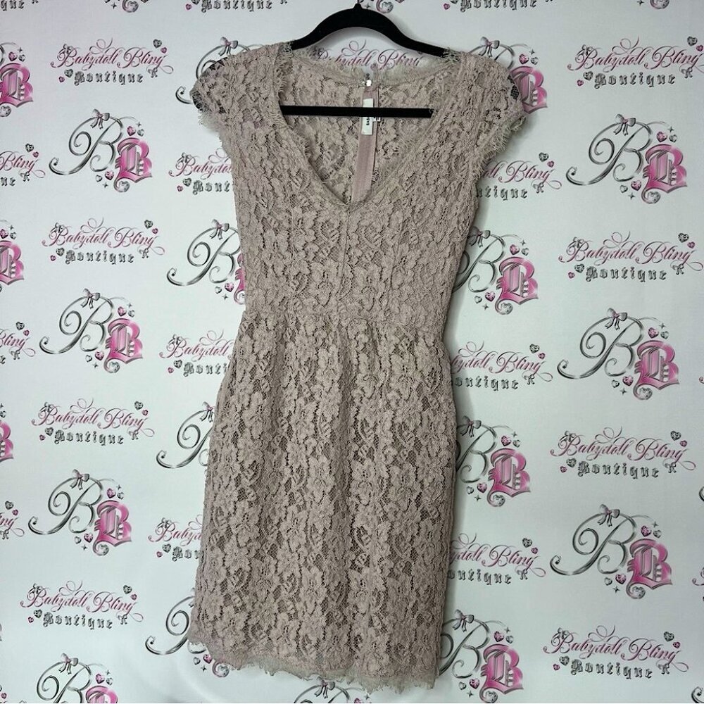 Babaton Tan Sheath Dress with Flutter Cap Sleeves flowers